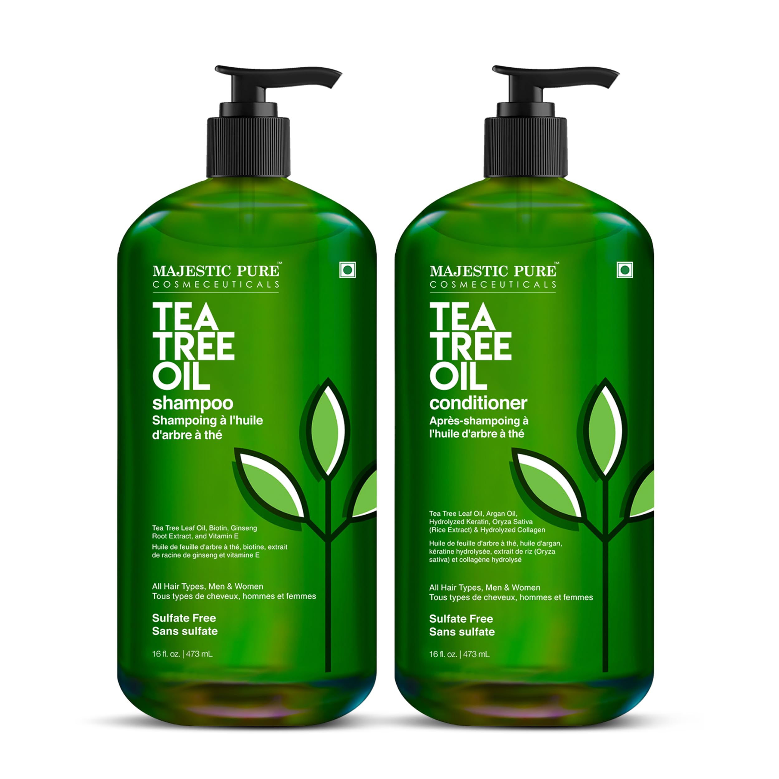 Majestic Pure Tea Tree Shampoo bottle demonstrates cleansing action for dandruff.