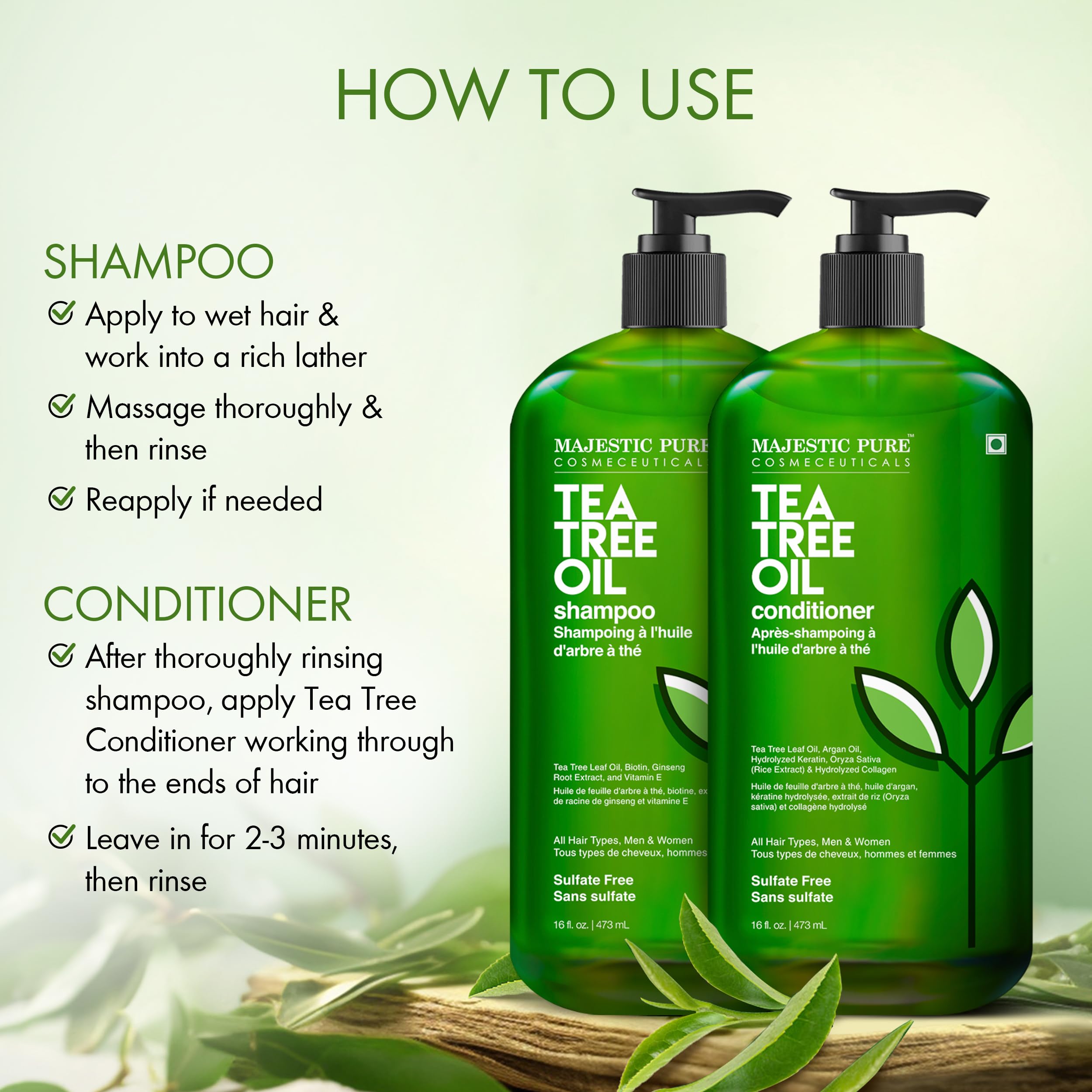 Majestic Pure Tea Tree Shampoo for men and women supports daily cleansing.