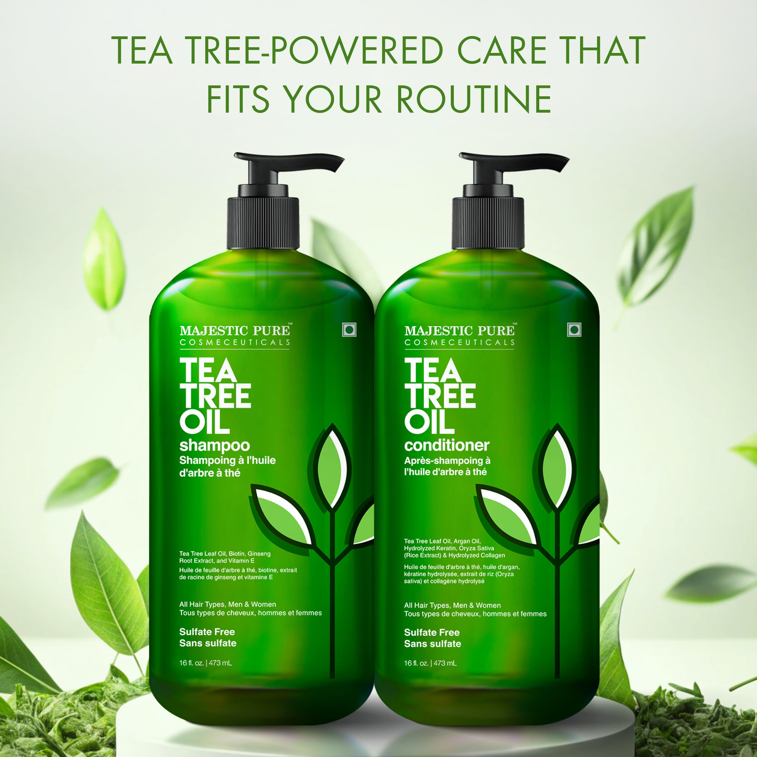 Majestic Pure Tea Tree Shampoo ingredients tea-tree-oil highlight refreshing scalp cleanse.