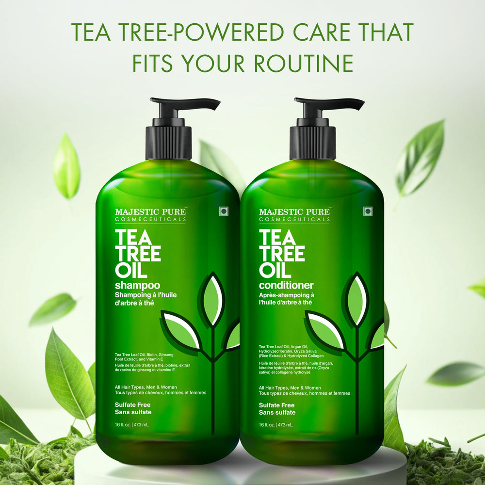 Majestic Pure Tea Tree Shampoo ingredients tea-tree-oil highlight refreshing scalp cleanse.
