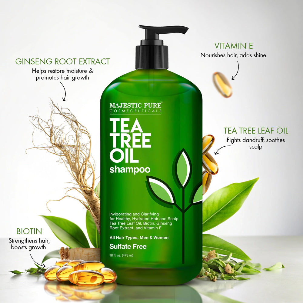 Majestic Pure Tea Tree Shampoo label close-up highlighting USA-made cruelty-free claim for gentle daily use