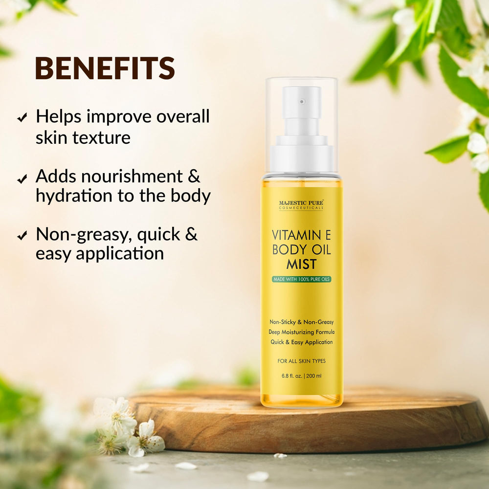 Majestic Pure Vitamin E Oil Body Mist closeup shows texture for skin application