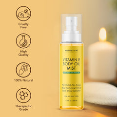 Majestic Pure Vitamin E Oil Body Mist ingredients label highlights vitamin E and natural oils