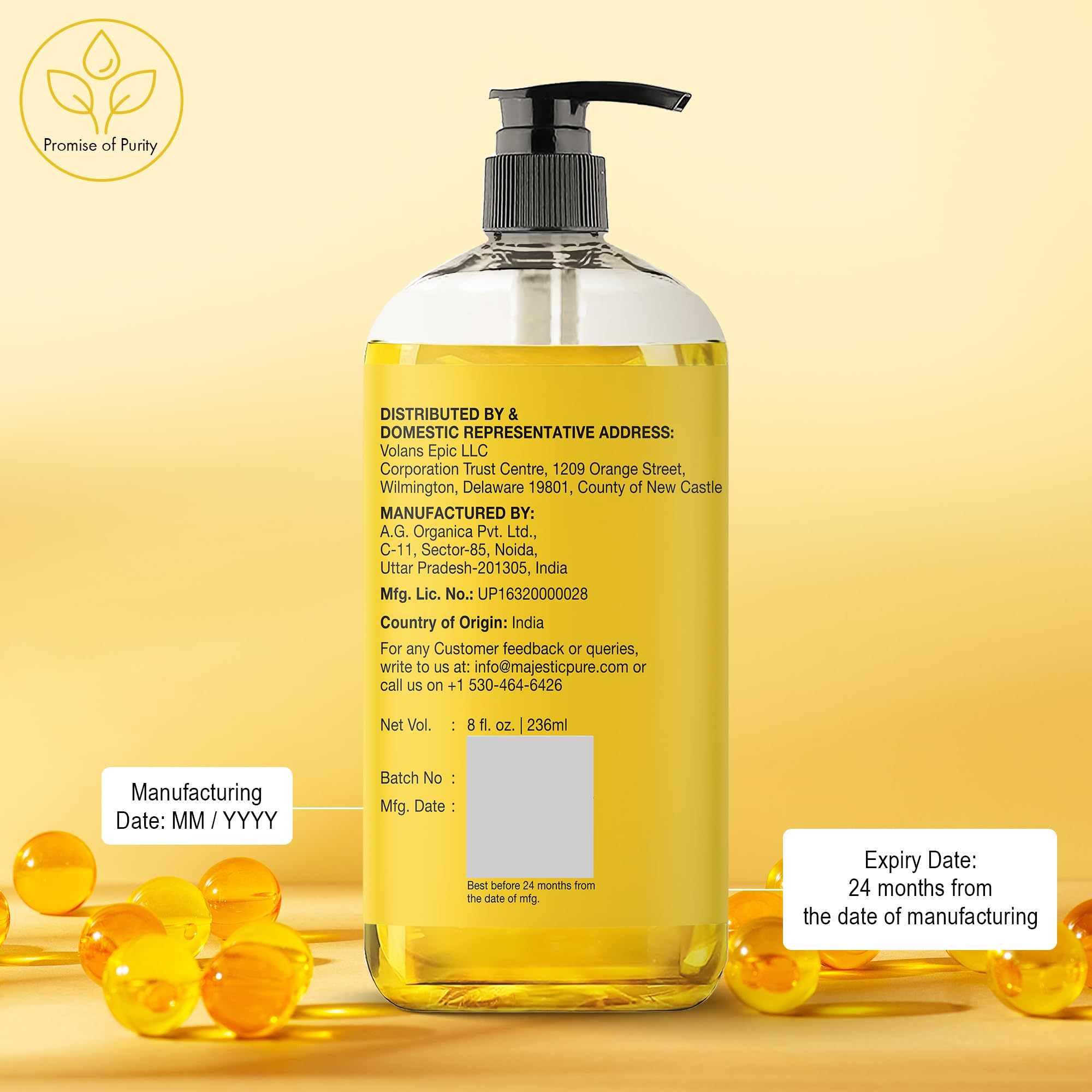 Majestic Pure Vitamin E Oil leaves a silky finish on moisturized skin.