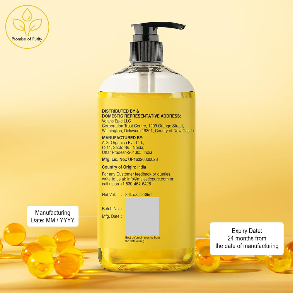 Majestic Pure Vitamin E Oil leaves a silky finish on moisturized skin.