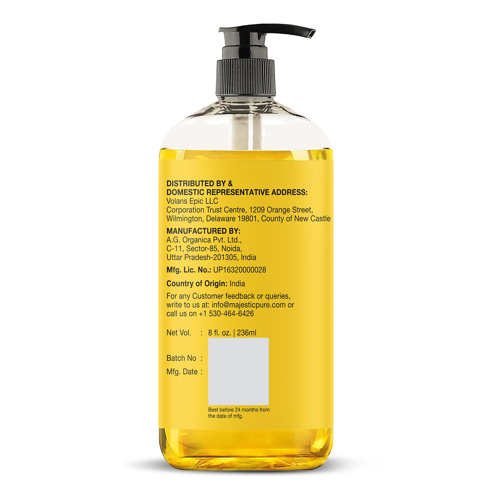 Majestic Pure Vitamin E Oil suitable for vegetarians, free from artificial additives.