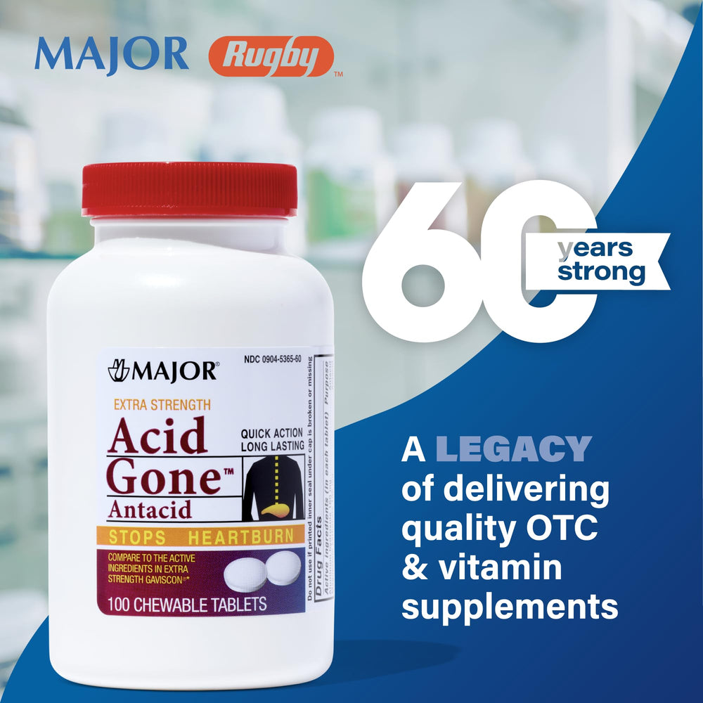 MAJOR Acid Gone chewable tablets close-up showing fast, convenient relief.