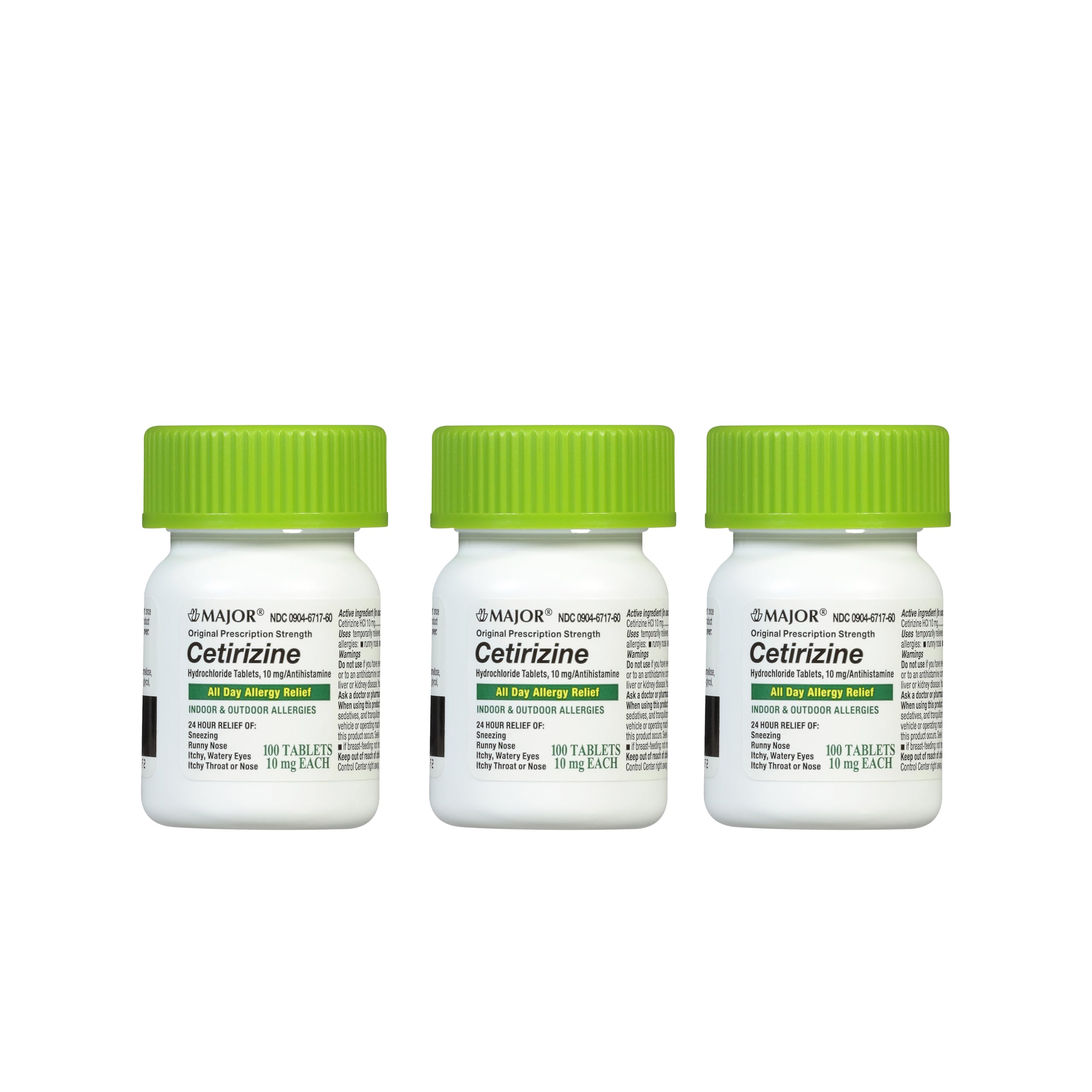 Major Cetirizine 24h relief bottle with 100-count tablets for all-day allergy support.
