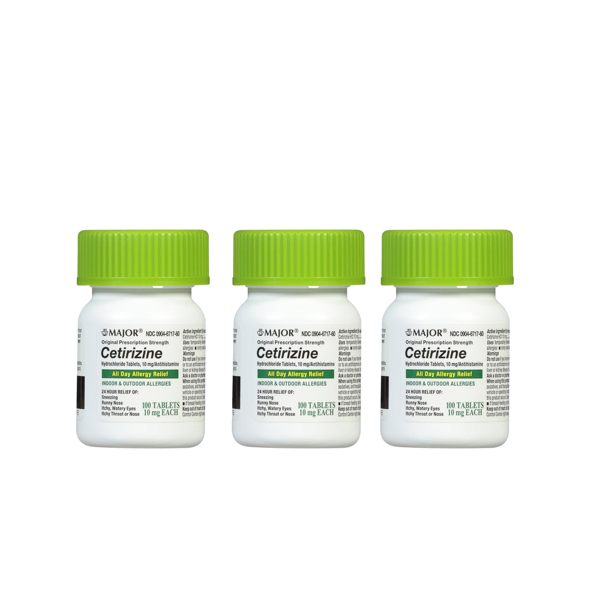 Major Cetirizine 24h relief bottle with 100-count tablets for all-day allergy support.