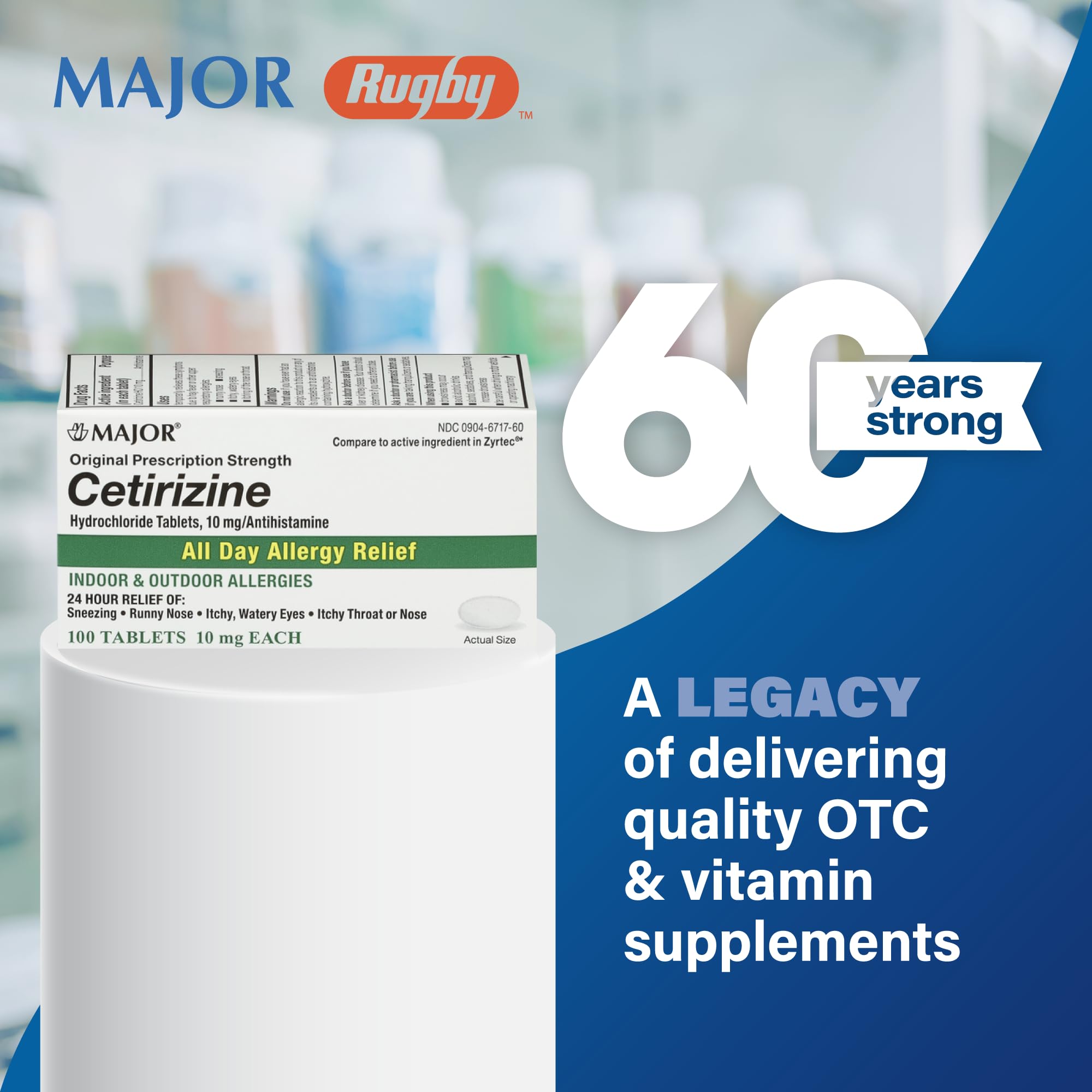 Major Cetirizine 3-pack on a shelf representing value and convenience.