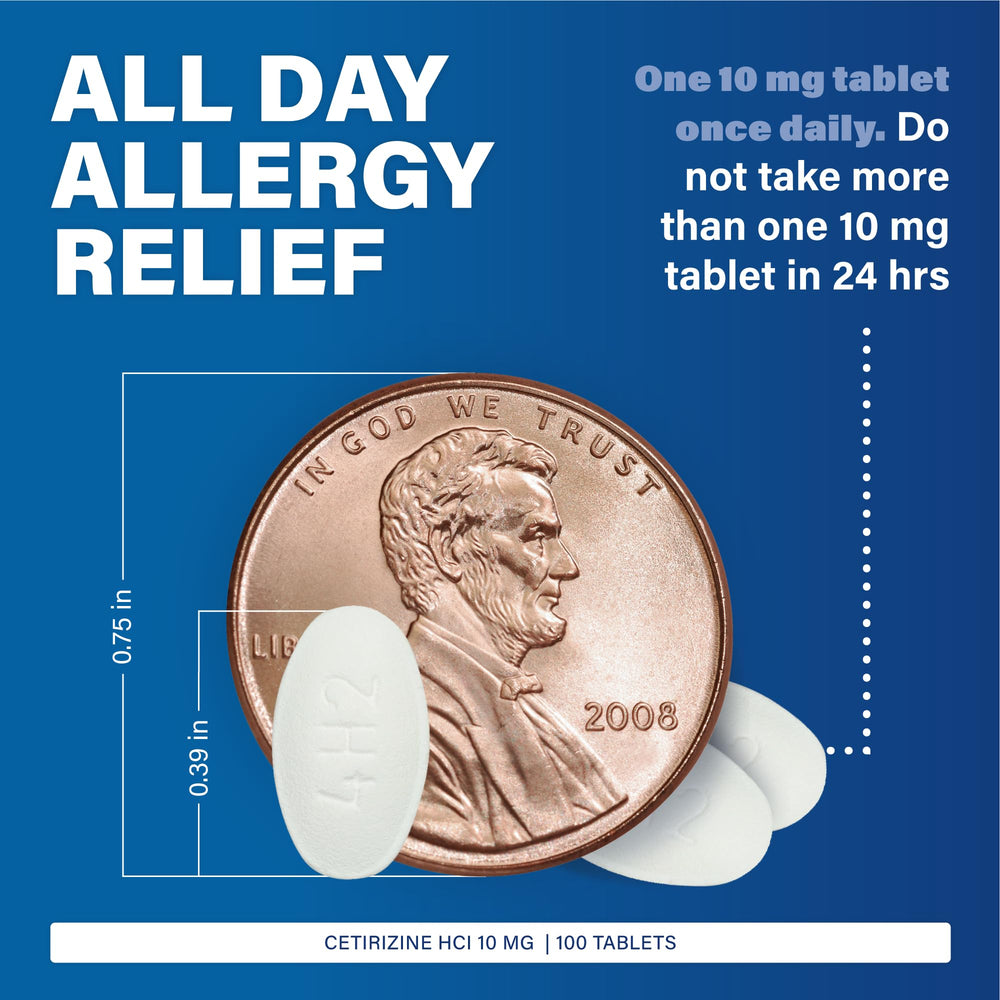 Major Cetirizine tablets close-up showing 10 mg dosage for daily relief.