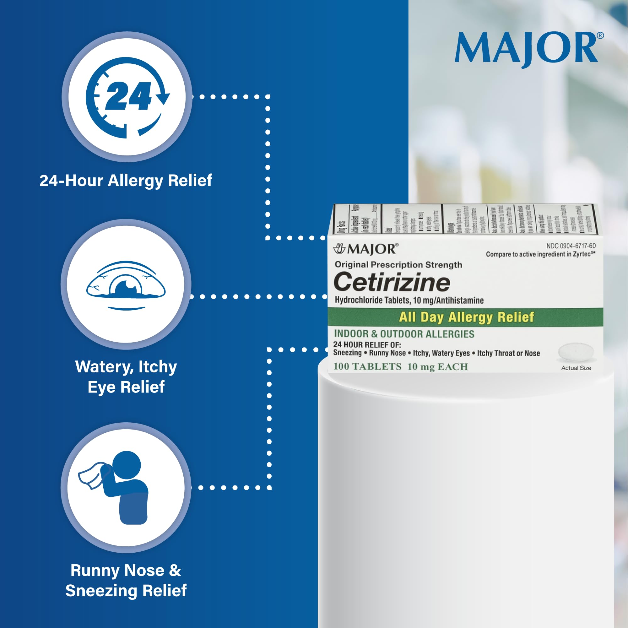 Close-up of Major Cetirizine tablets ready for adults and ages six and up.