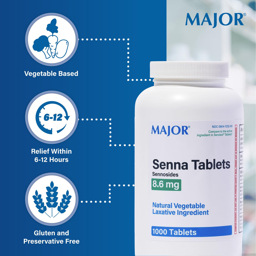 Major Senna 8.6 mg tablets bottle topview emphasizes bedtime dosing