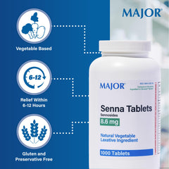 Major Senna 8.6 mg tablets bottle topview emphasizes bedtime dosing