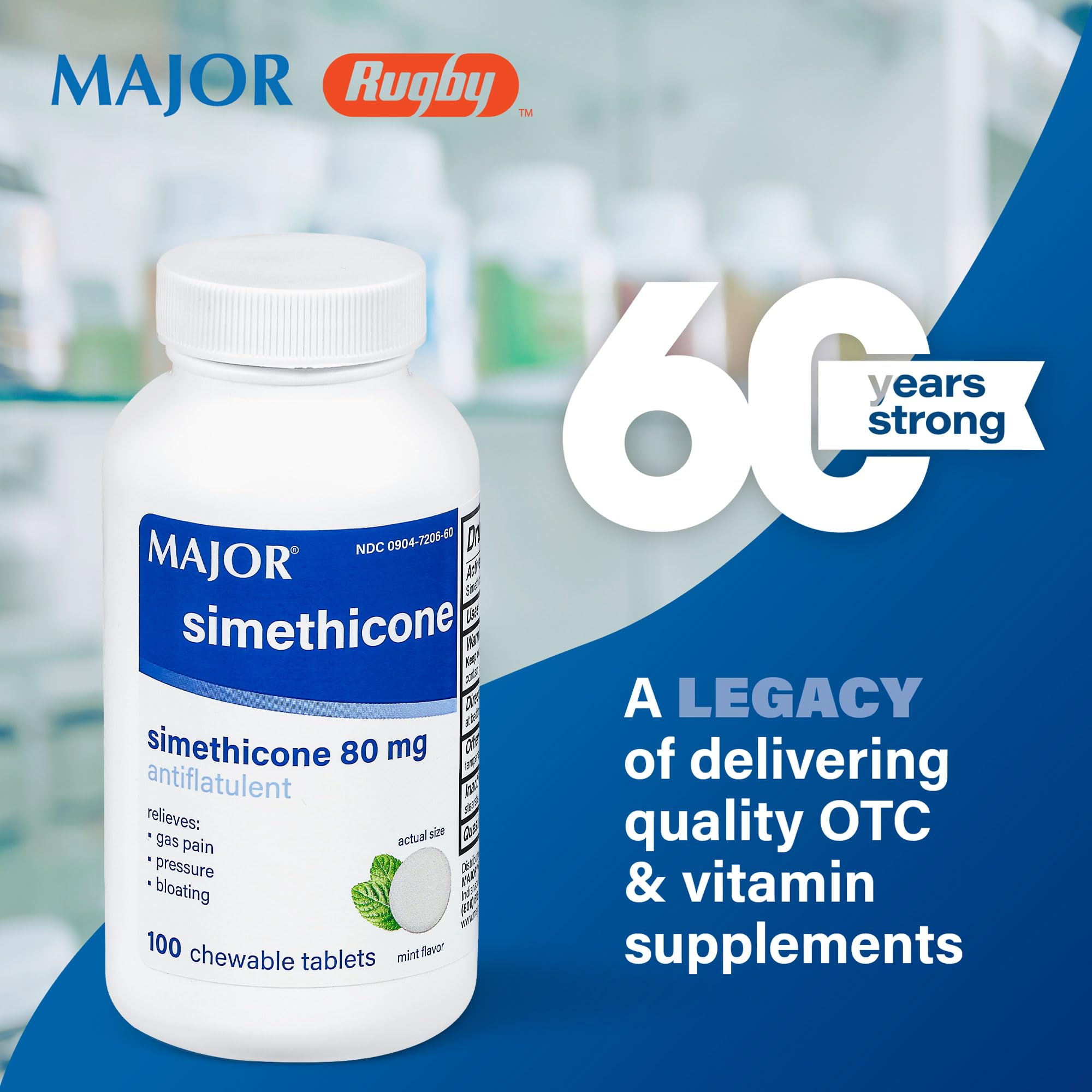 MAJOR Simethicone 80mg tablets closeup highlights easy-to-chew, on-the-go relief.