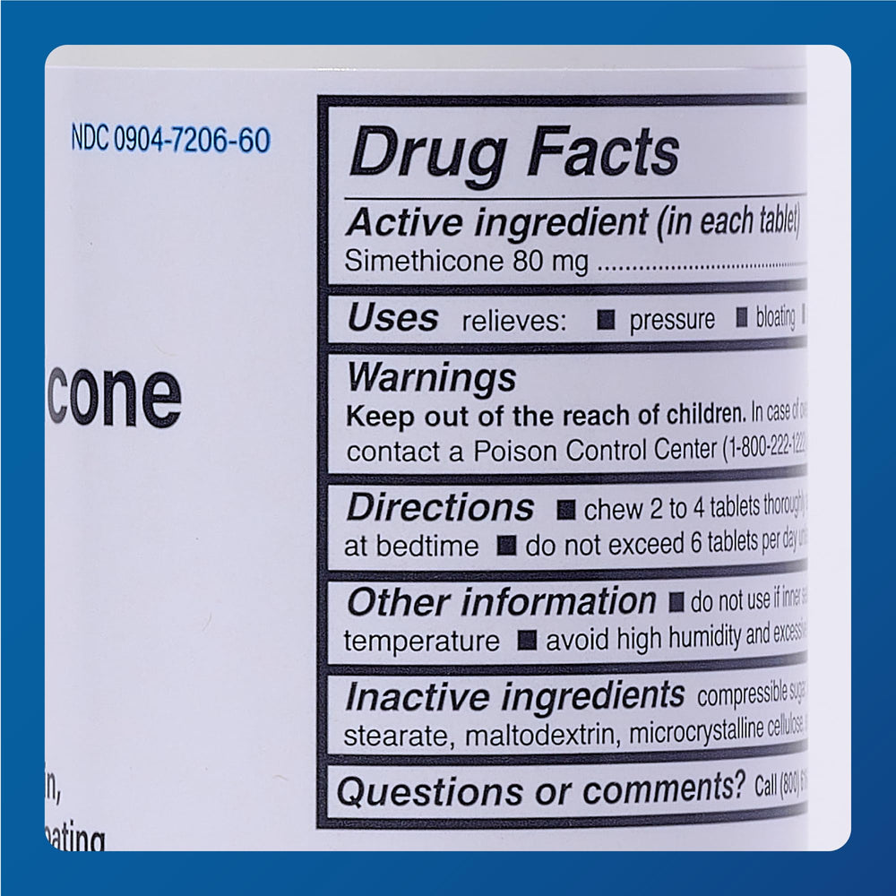 MAJOR Simethicone bottle tilt showing quick-use chewables for bloating after meals