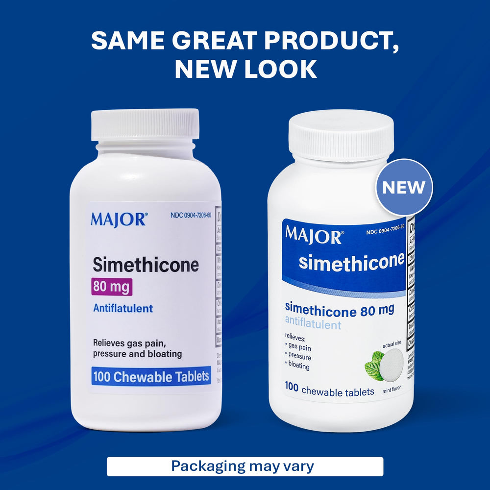 MAJOR Simethicone Gas Relief bottle front view for quick, discreet symptom support.