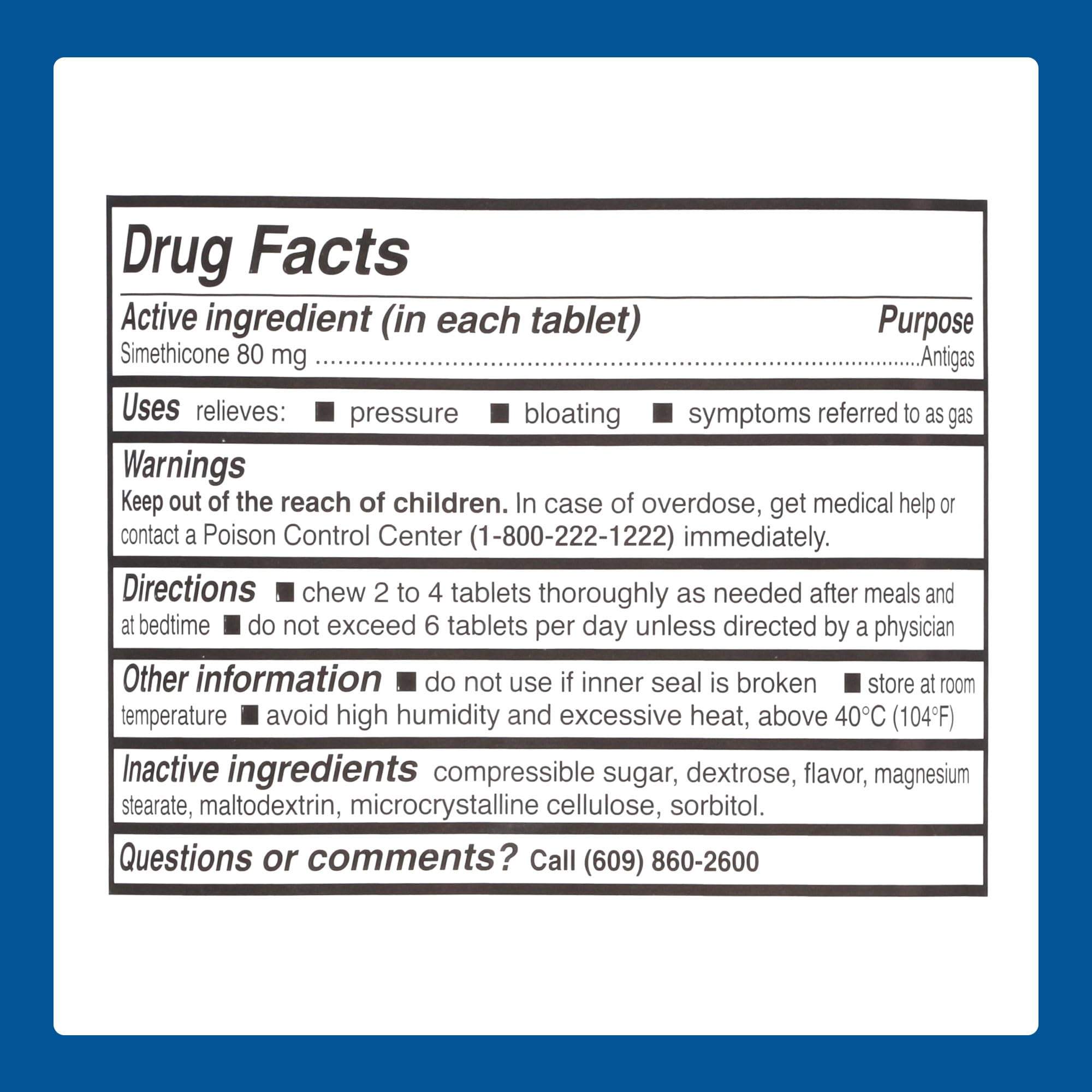 MAJOR Simethicone gas-relief packaging back highlights allergen-free features.
