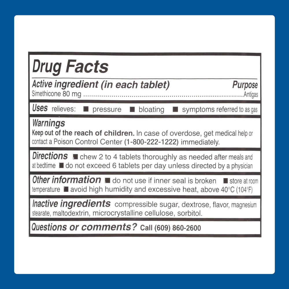 MAJOR Simethicone gas-relief packaging back highlights allergen-free features.