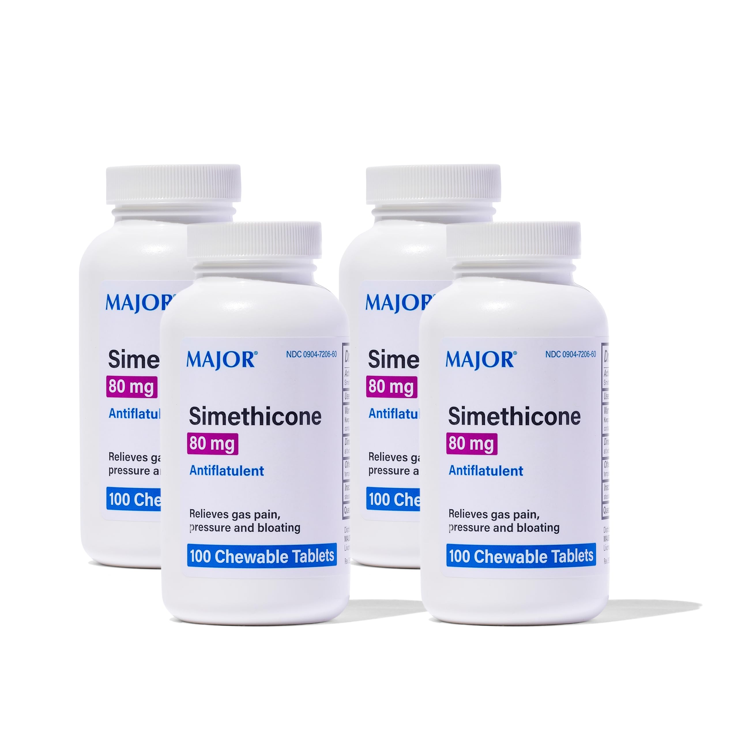 MAJOR Simethicone gas relief packaging shows convenient four-pack for on-the-go relief