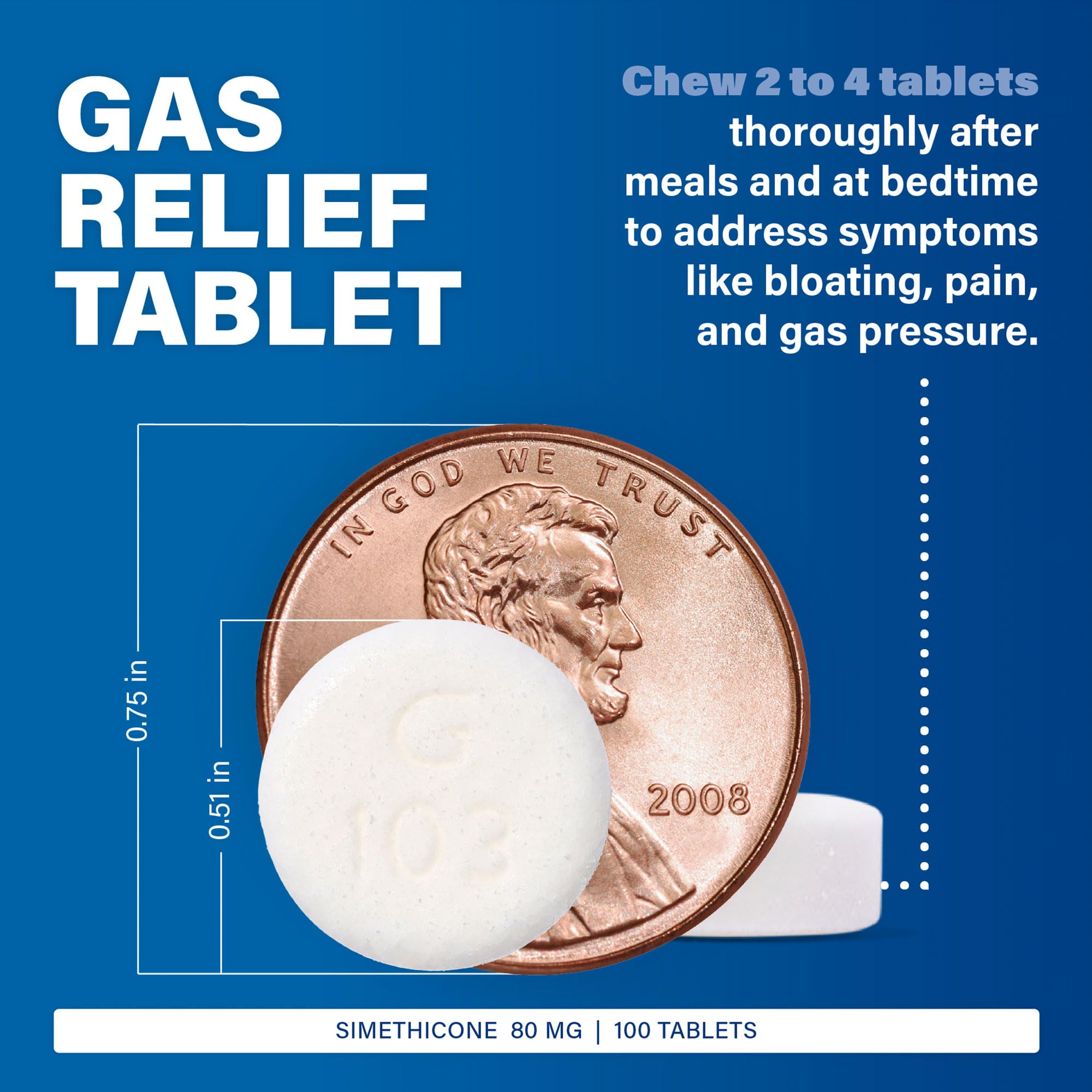 MAJOR Simethicone dosage scene shows chewing 2–4 tablets after meals.