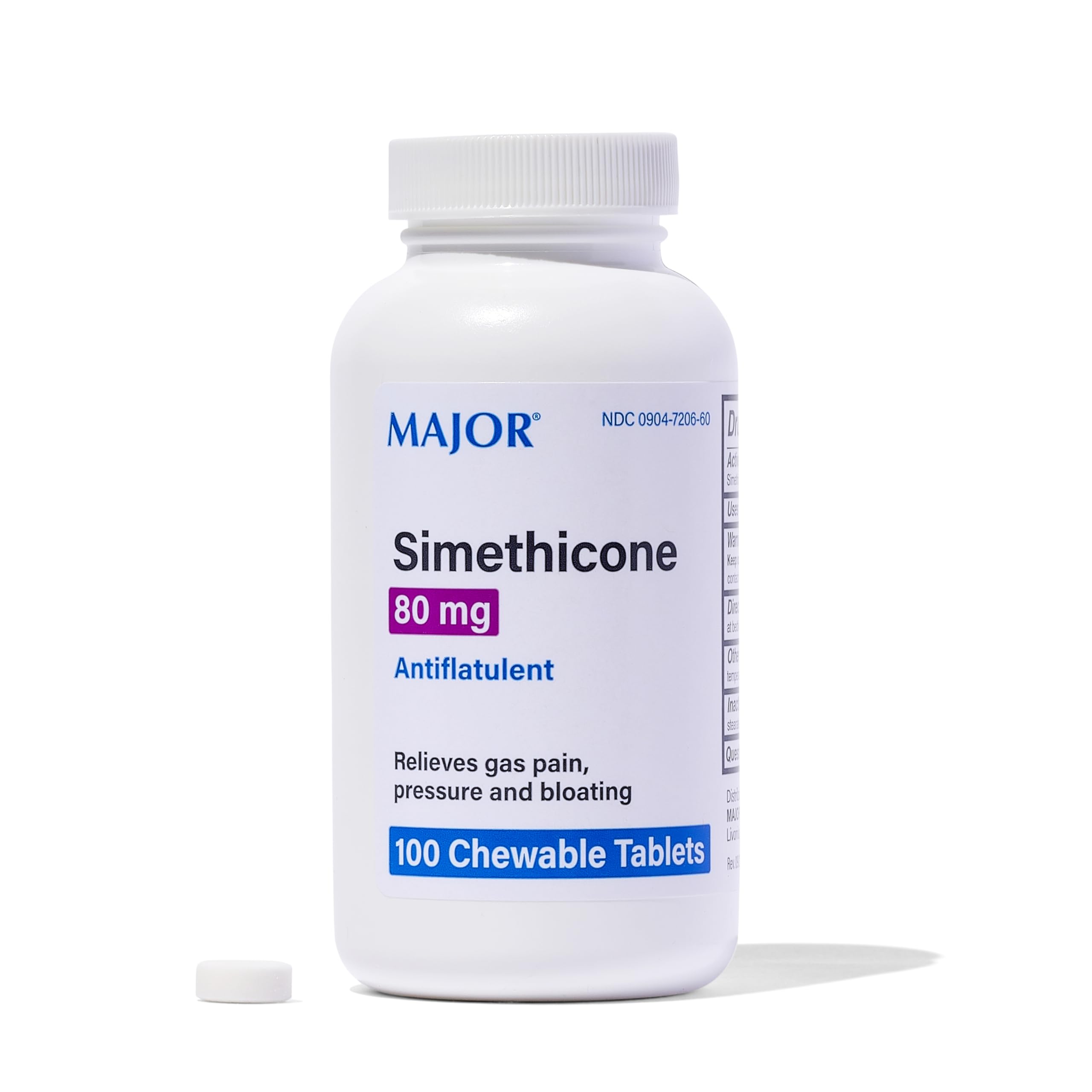 MAJOR Simethicone gas relief tablets packet shown for on-the-go after meals relief.