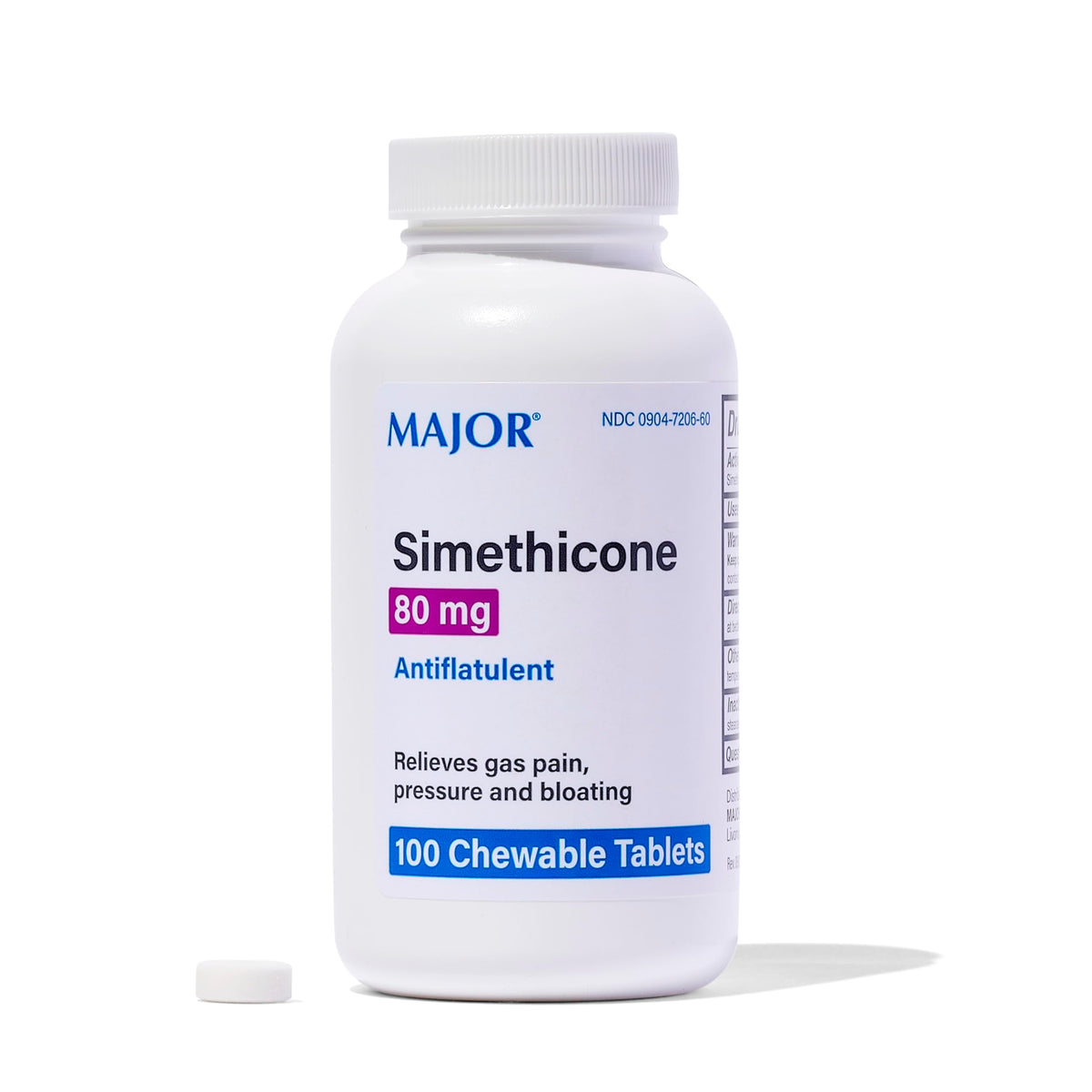 MAJOR Simethicone gas relief tablets packet shown for on-the-go after meals relief.