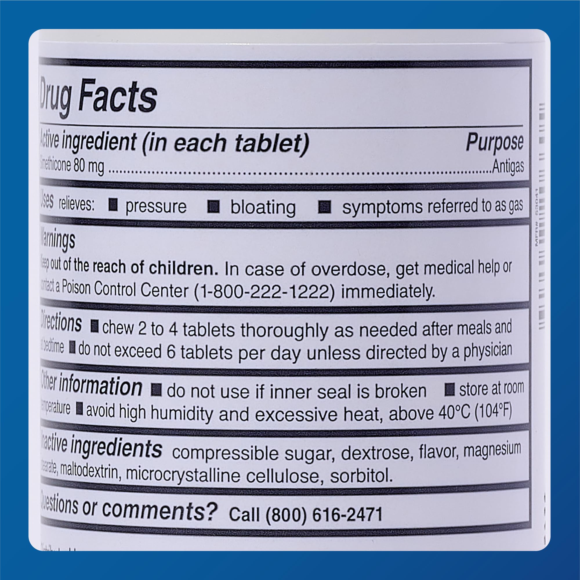 MAJOR Simethicone label back highlights gluten-free and soy-free notes