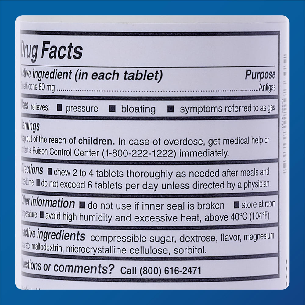 MAJOR Simethicone label back highlights gluten-free and soy-free notes