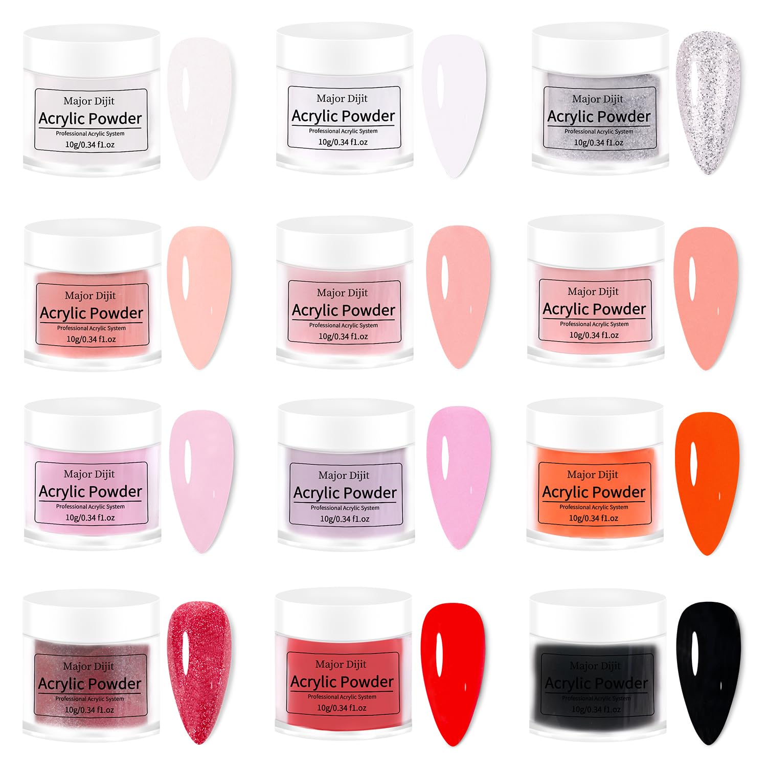 Major Dijit acrylic powder 12 colors offers vibrant, durable salon-style results