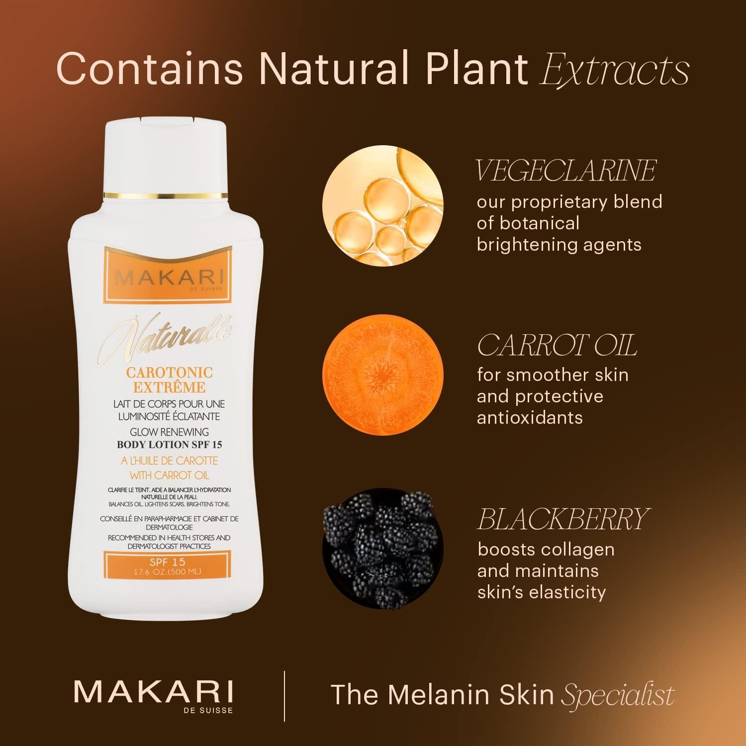 MAKARI Carotonic Extreme Body Lotion bottle visual highlights lightweight hydration