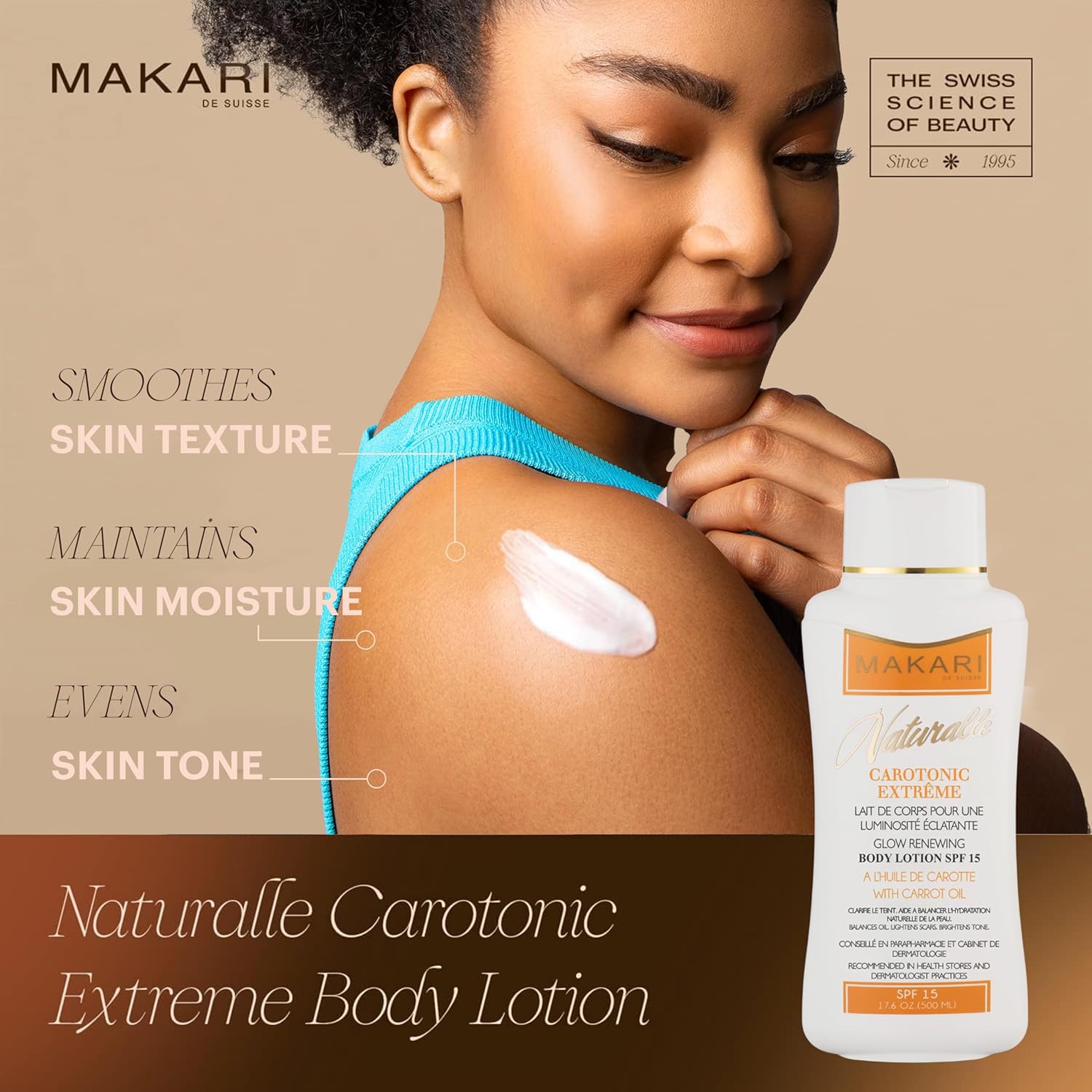 MAKARI Carotonic Extreme Body Lotion texture closeup reveals creamy absorption