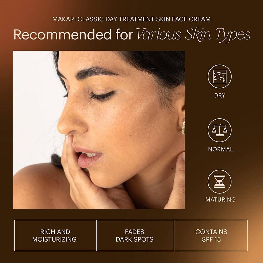 Makari Classic Day Radiance Cream on face with even-toned, radiant complexion