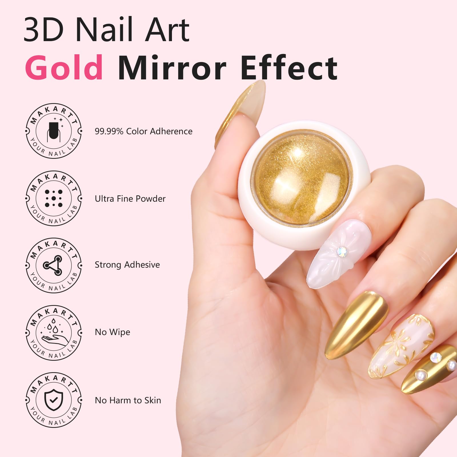 Makartt gold chrome powder close-up showcasing mirror-like shimmer.