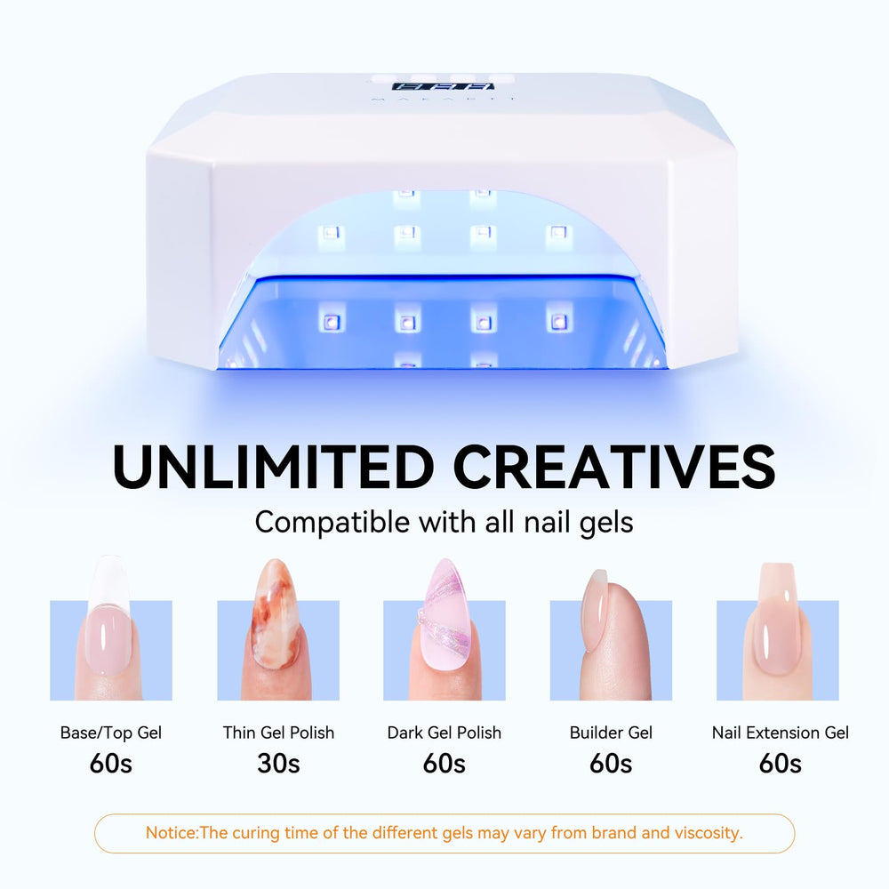 Makartt Aurora 36W nail lamp open base, spacious curing area for full-hand nails.