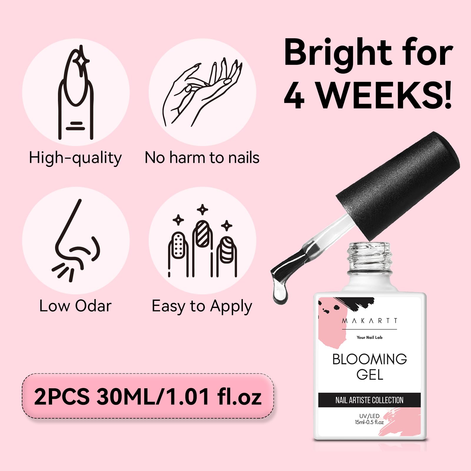 Makartt Blooming Gel-Clear low-odor formula close-up for comfortable manicures