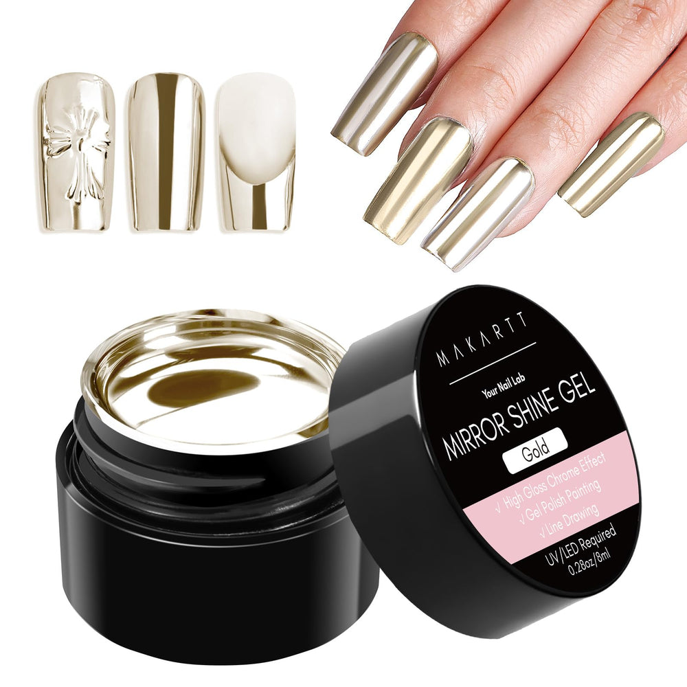 Makartt chrome gold bottle close-up, ideal for at-home nail art with luxe chrome.