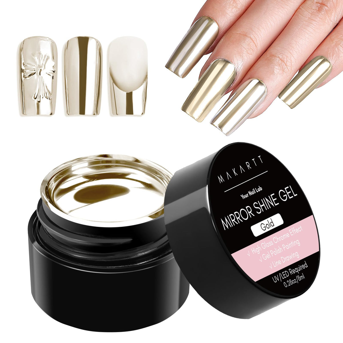 Makartt chrome gold bottle close-up, ideal for at-home nail art with luxe chrome.