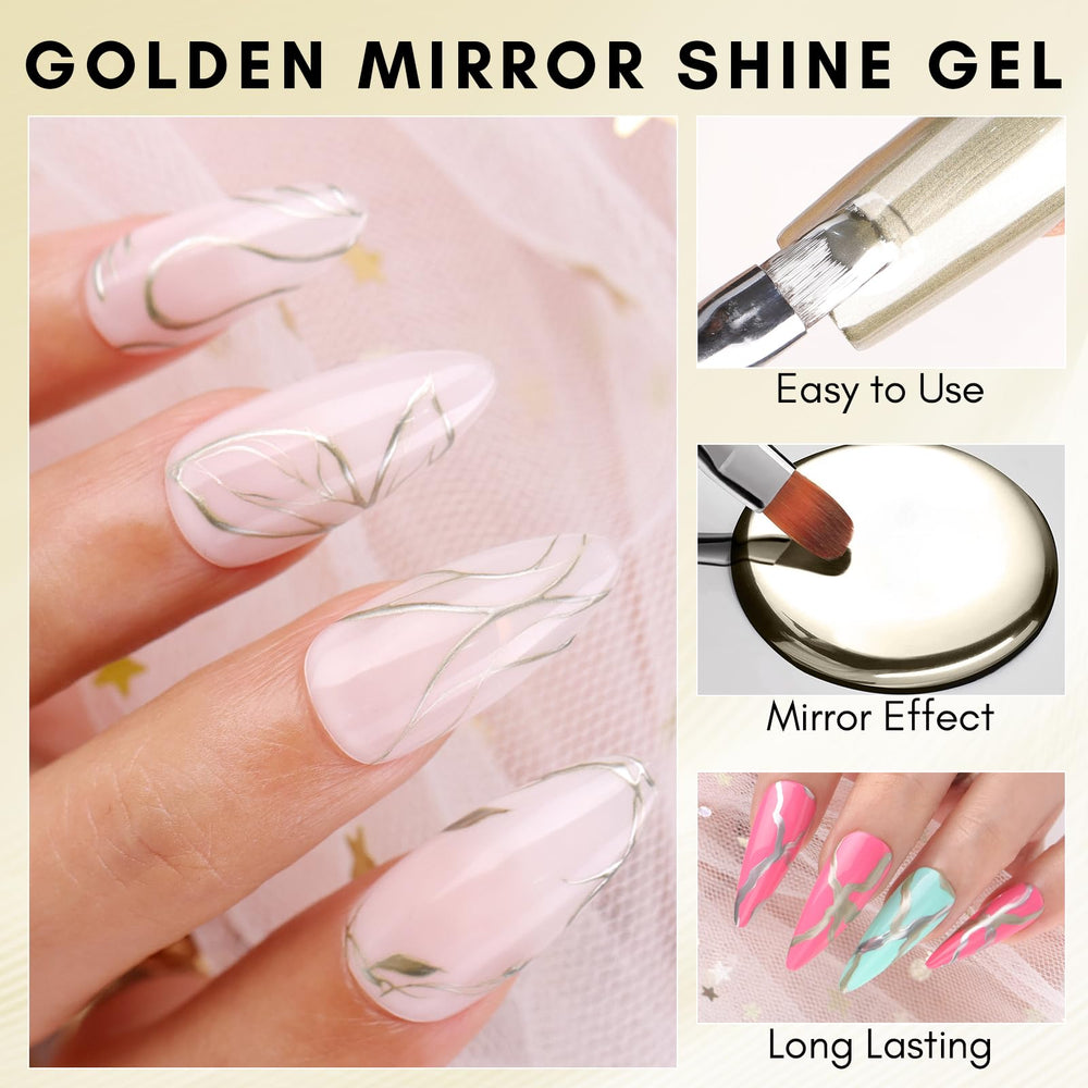 Makartt chrome gold nails with mirror finish, delivering a high-gloss manicure.