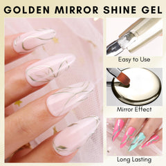 Makartt chrome gold nails with mirror finish, delivering a high-gloss manicure.