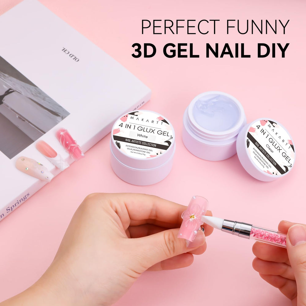 Makartt clear and white gel nails on natural nails showing extension effect.