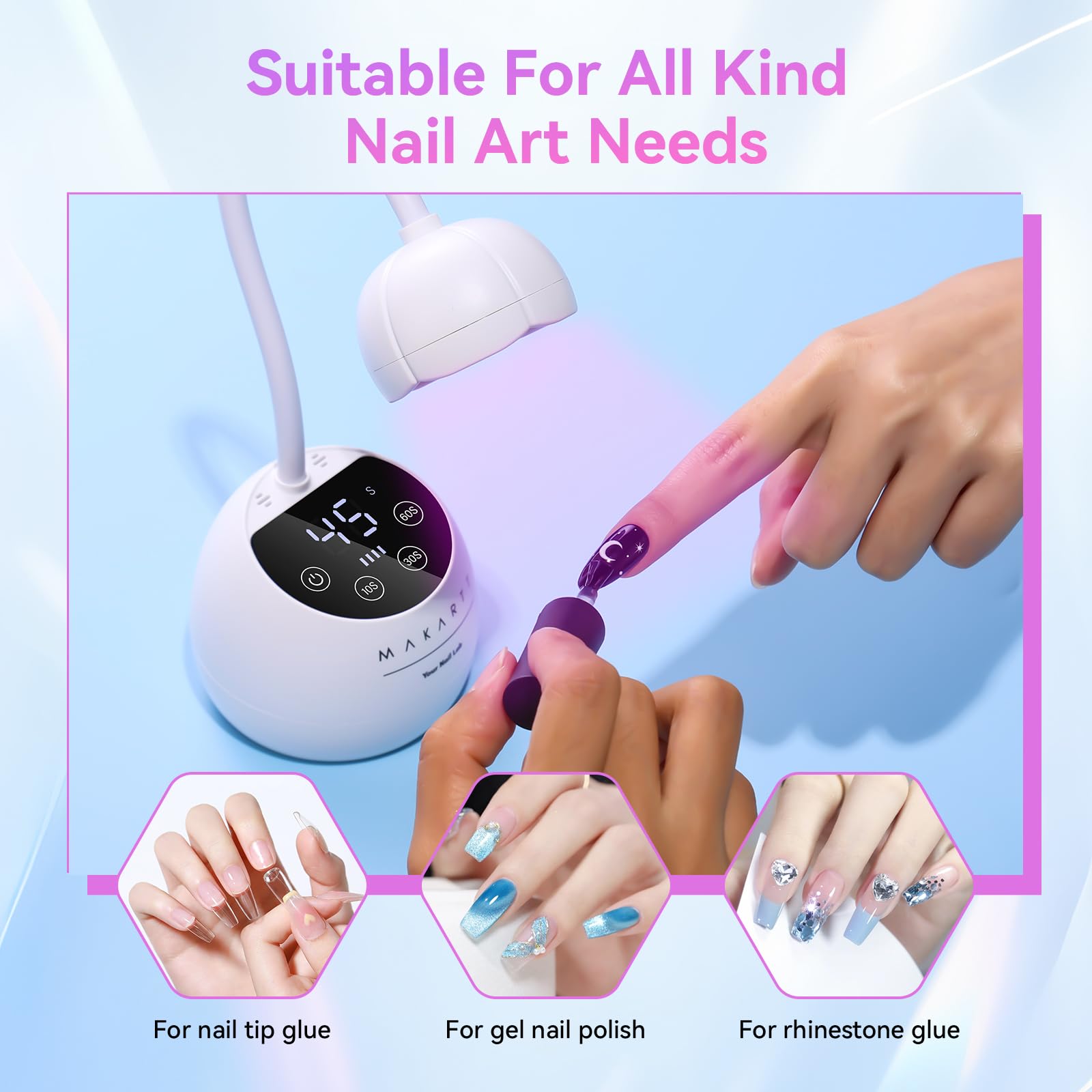 Makartt cordless-usb-nail-dryer shows portable gel curing away from power source.