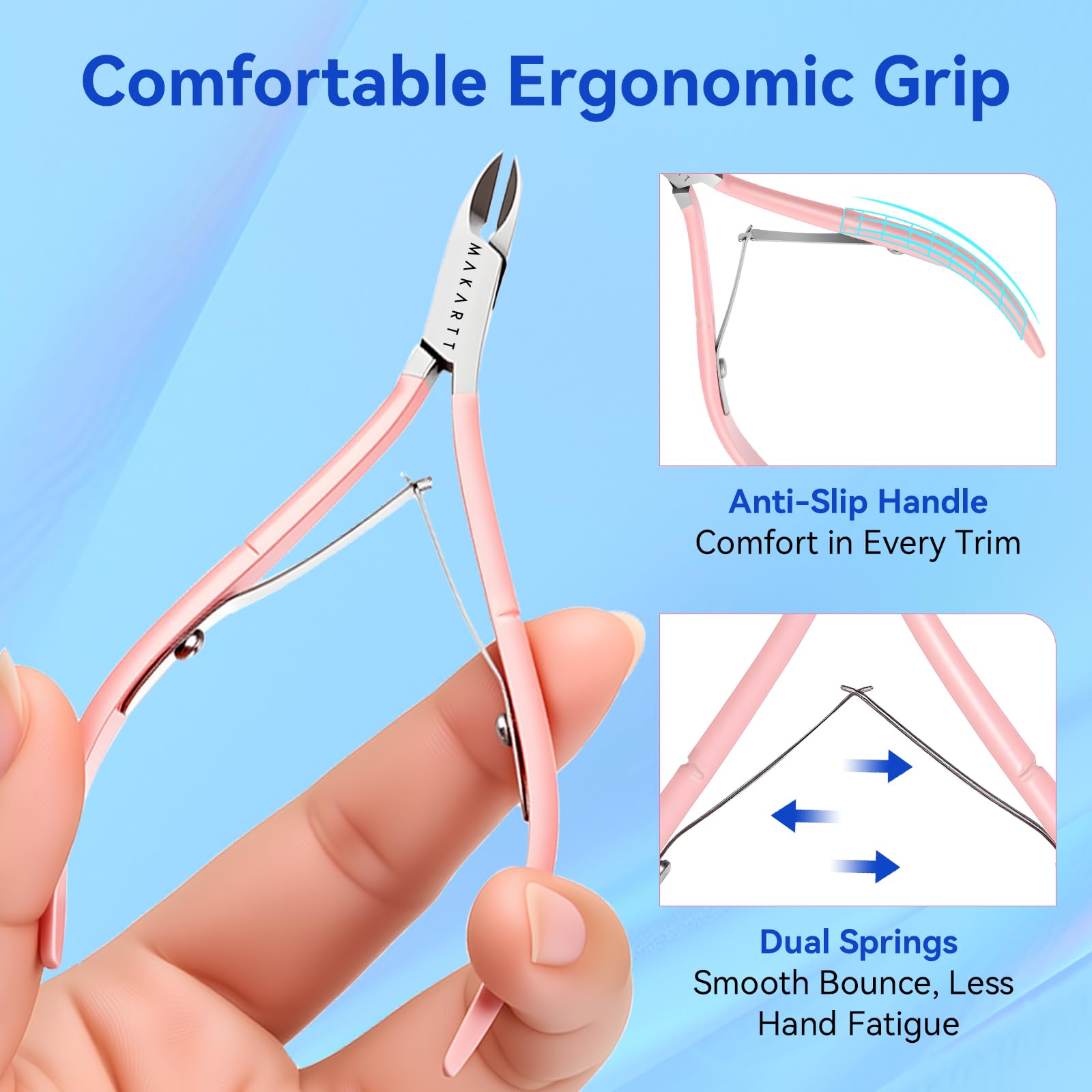 Makartt cuticle nippers with ergonomic handle deliver comfortable grip during use.
