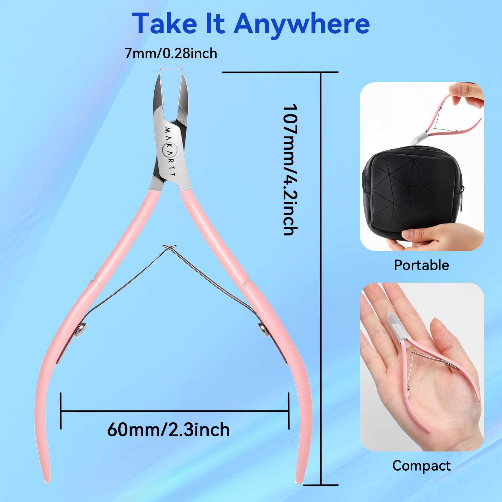 Makartt pink-finish cuticle nippers add stylish, salon-ready appeal.
