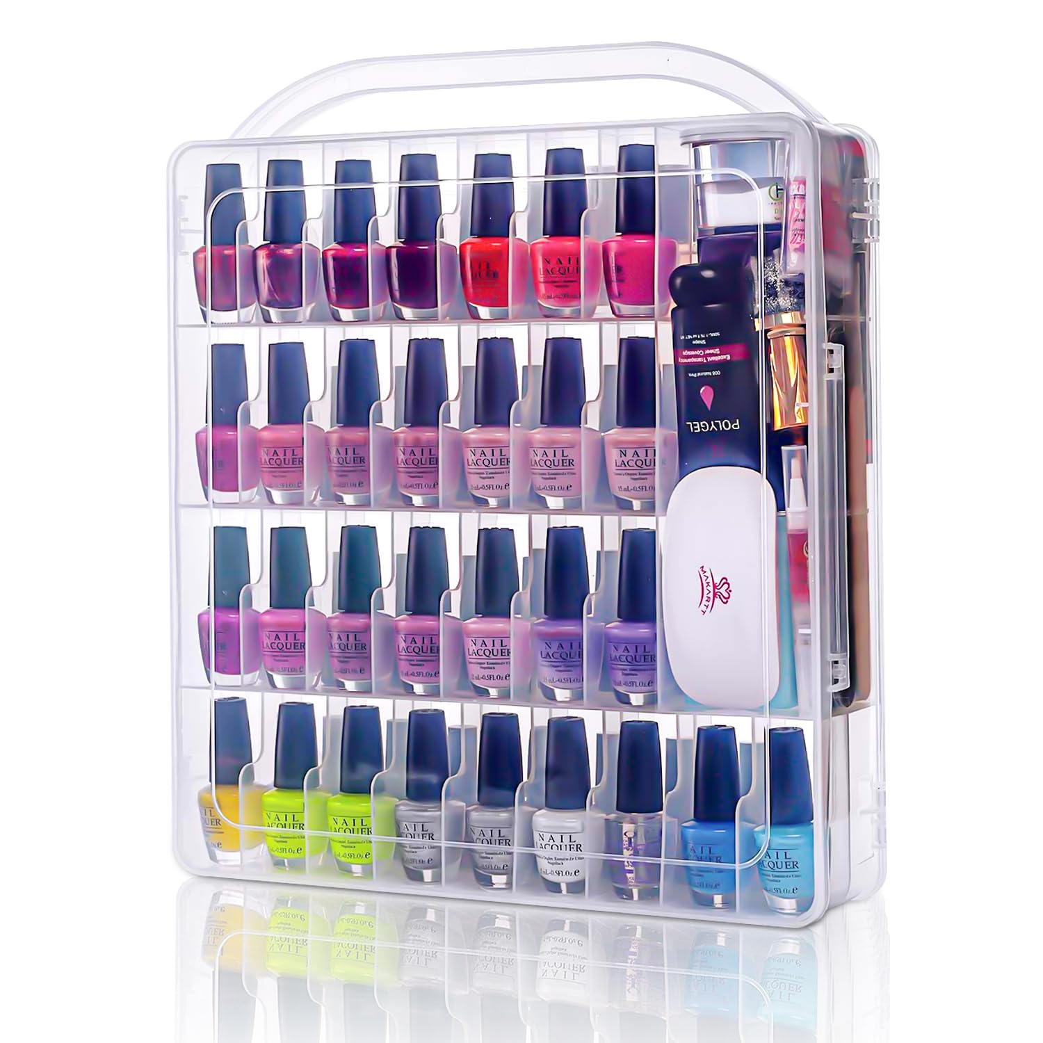 Makartt gel nail polish organizer showing 60 bottle capacity in clear view for easy color selection.