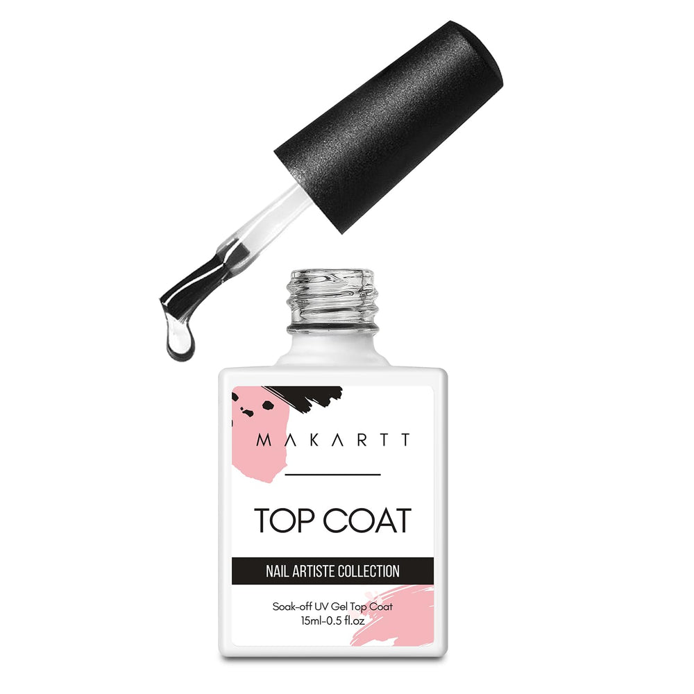 Makartt Gel Top Coat No Wipe bottle displays crystal-clear gloss for salon-quality nails.