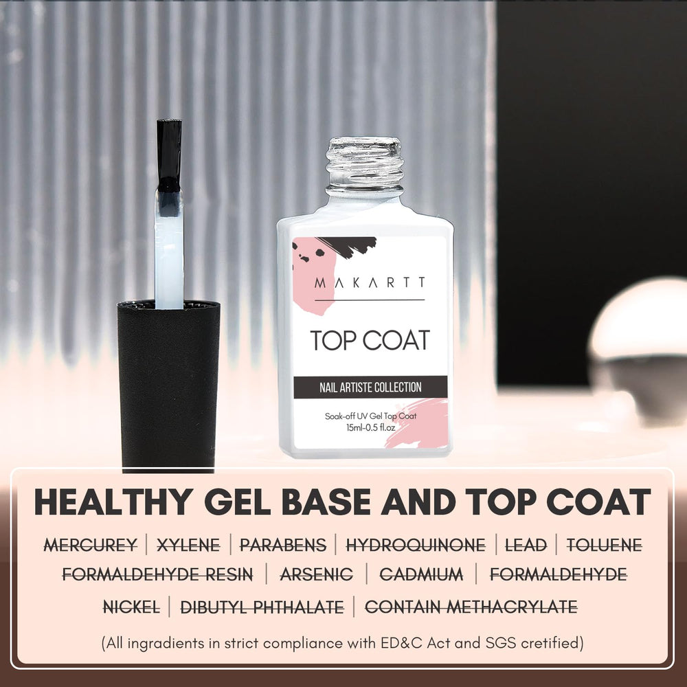 Makartt Gel Top Coat No Wipe provides a high-gloss finish for lasting shine.