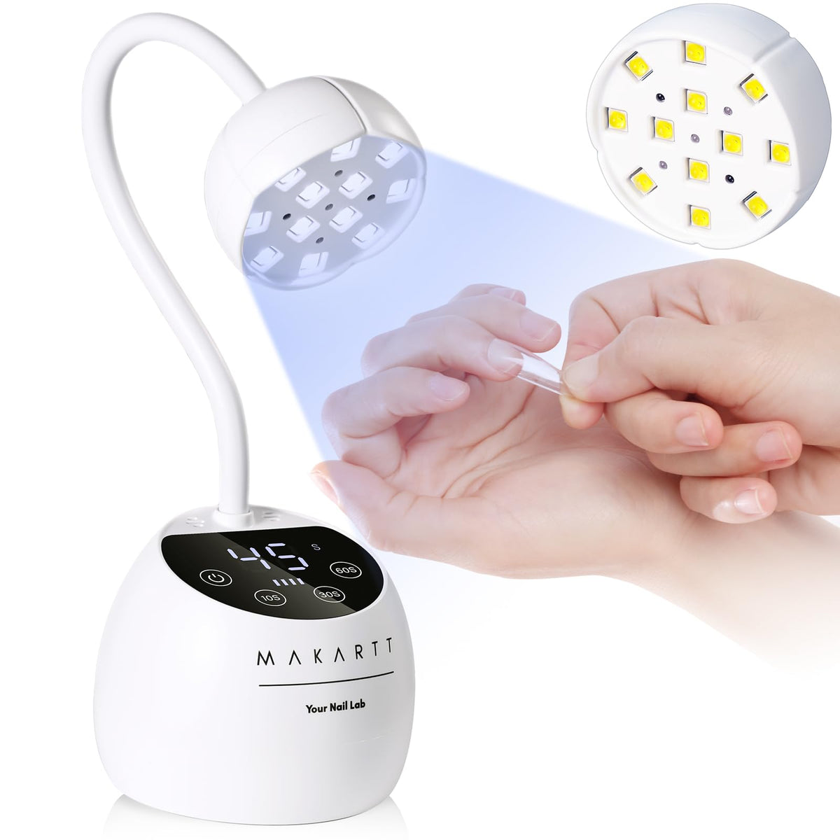 Makartt gooseneck UV nail lamp angle demonstrates flexible neck for precise curing.