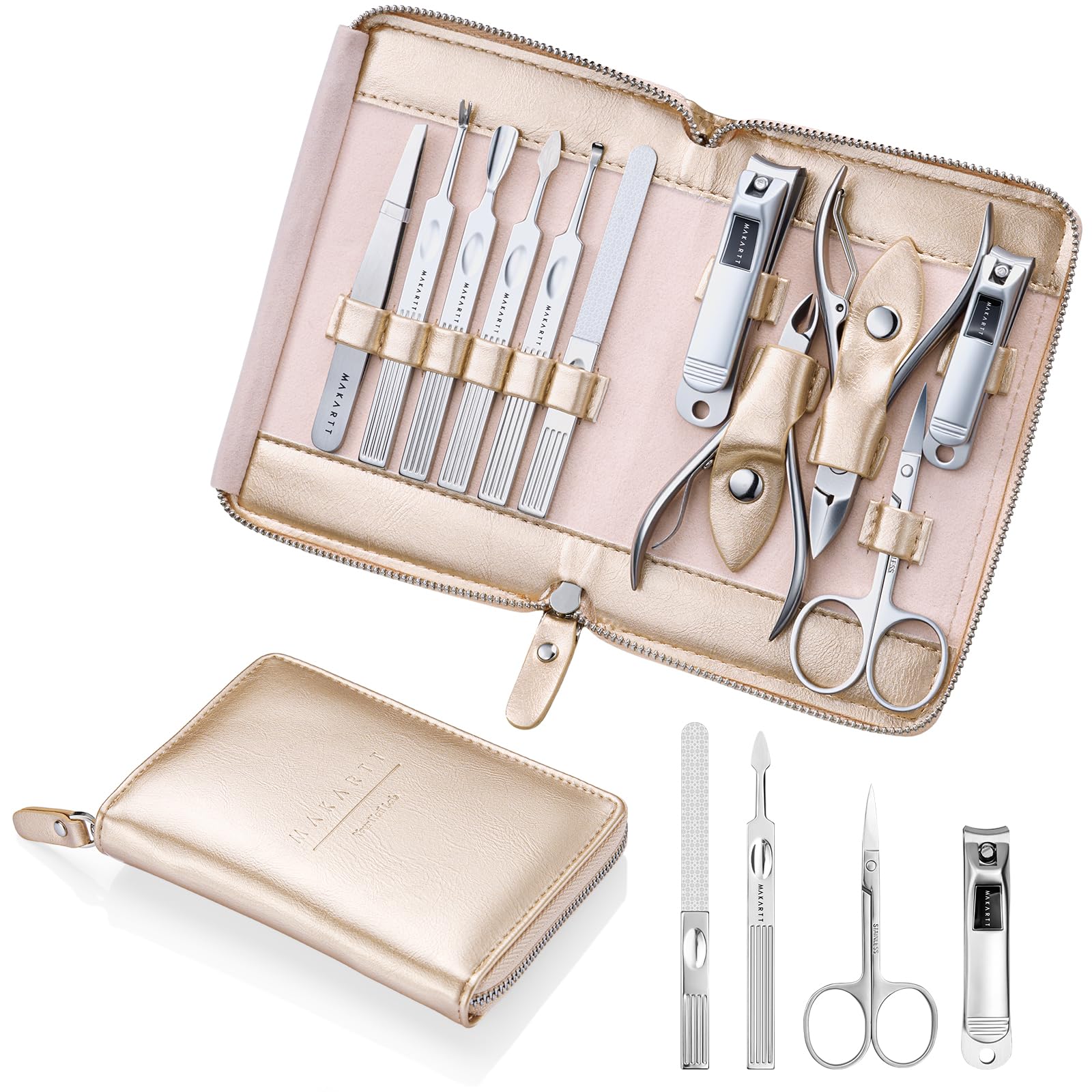 Makartt manicure kit in a rose-gold leather case for on-the-go grooming