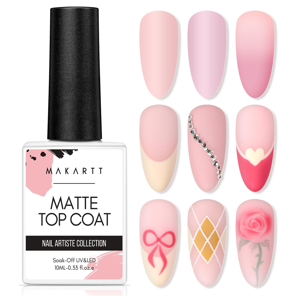 Makartt Matte Top Coat bottle close-up for a durable, streak-free matte gel finish.